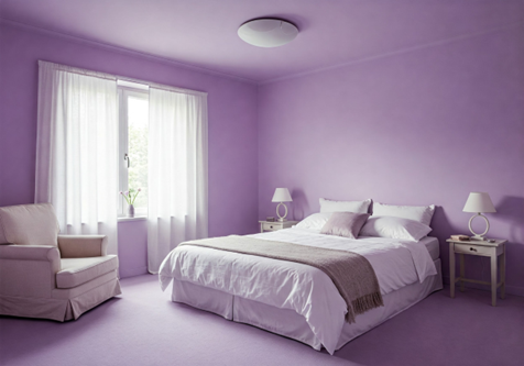Spacious Purple Color Drenched Bedroom