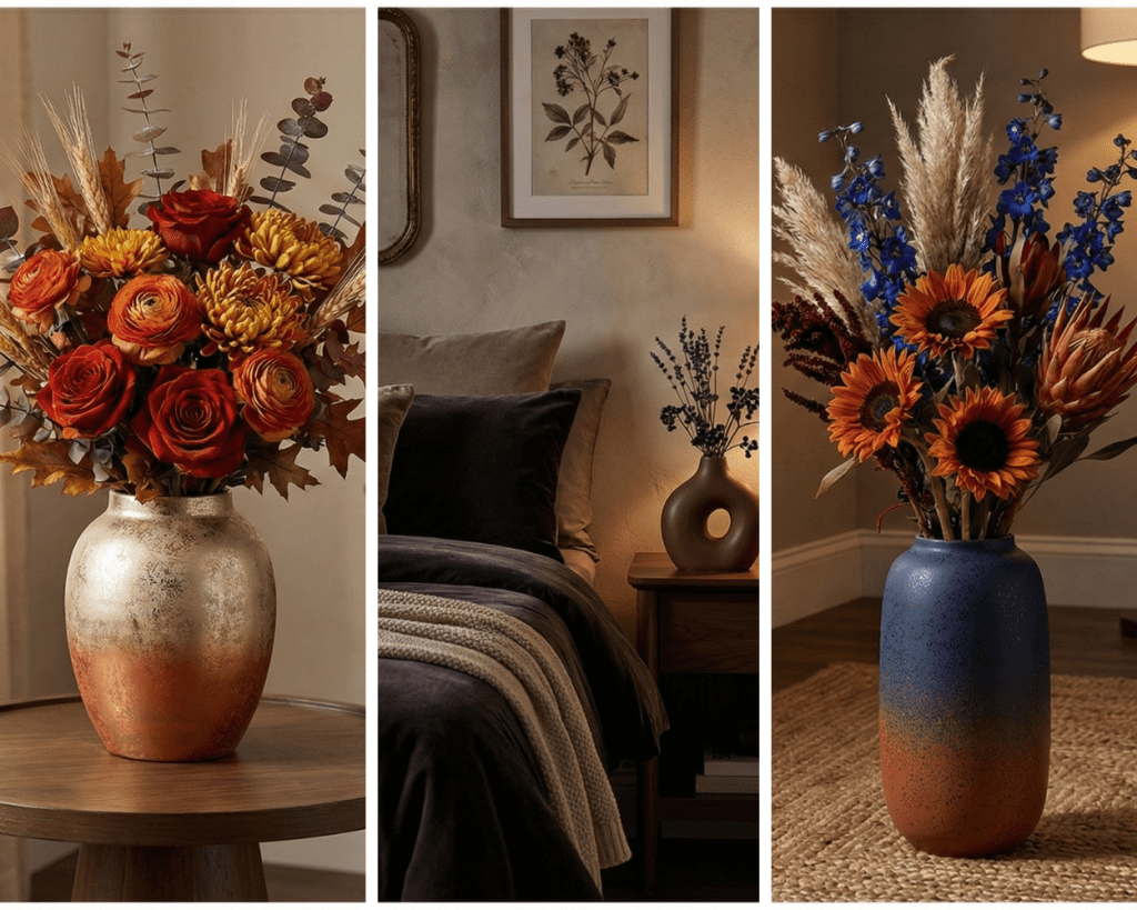 Minimal floral arrangement with autumn floral, rich toned blooms in unexpected sculptural vessel