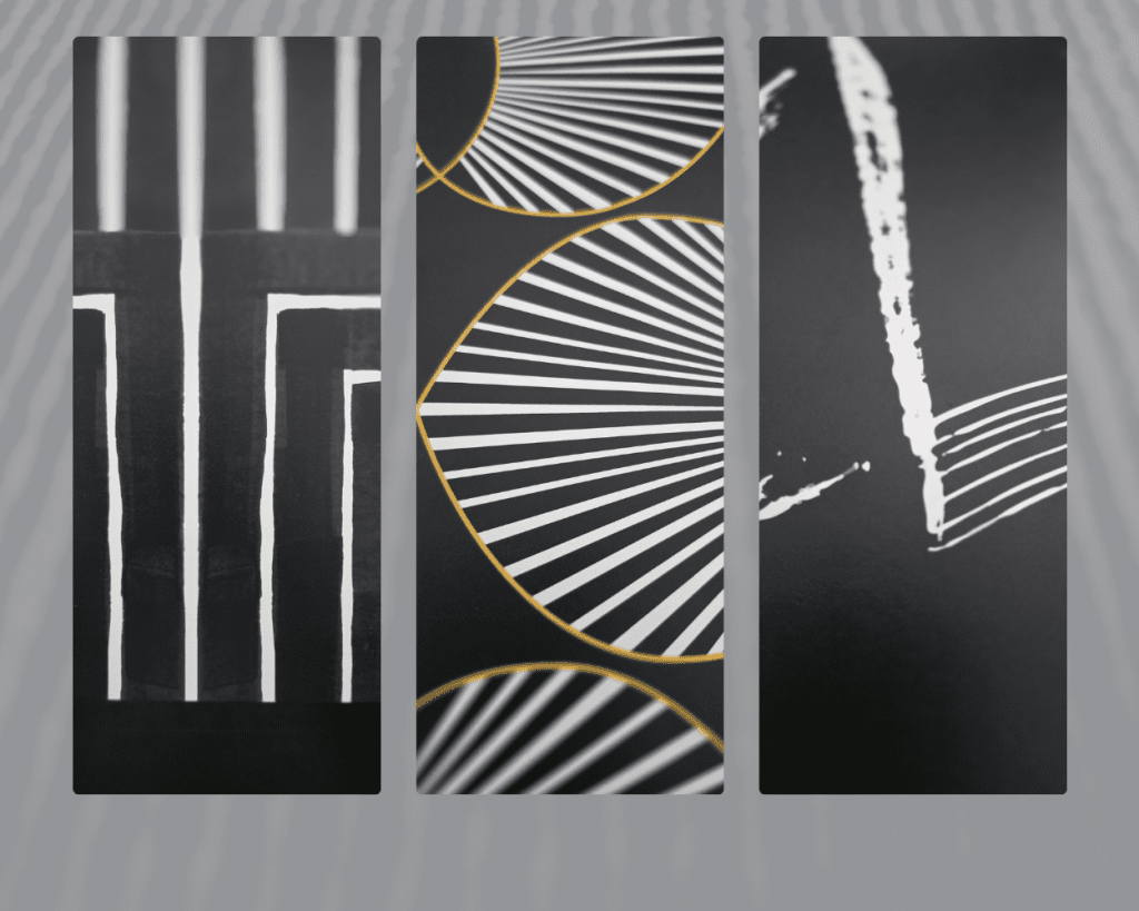 Wallpaper sample paired with white and black paint options for bathroom design.