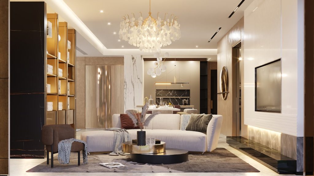 Modern living room with elegant furniture and decor.