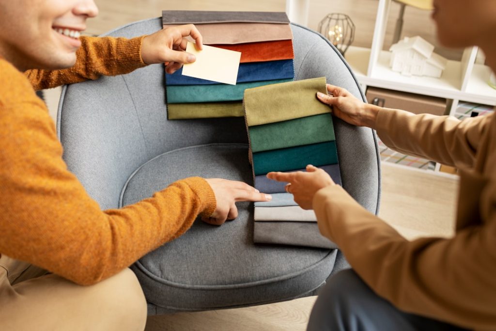 People choose fabrics for furniture.