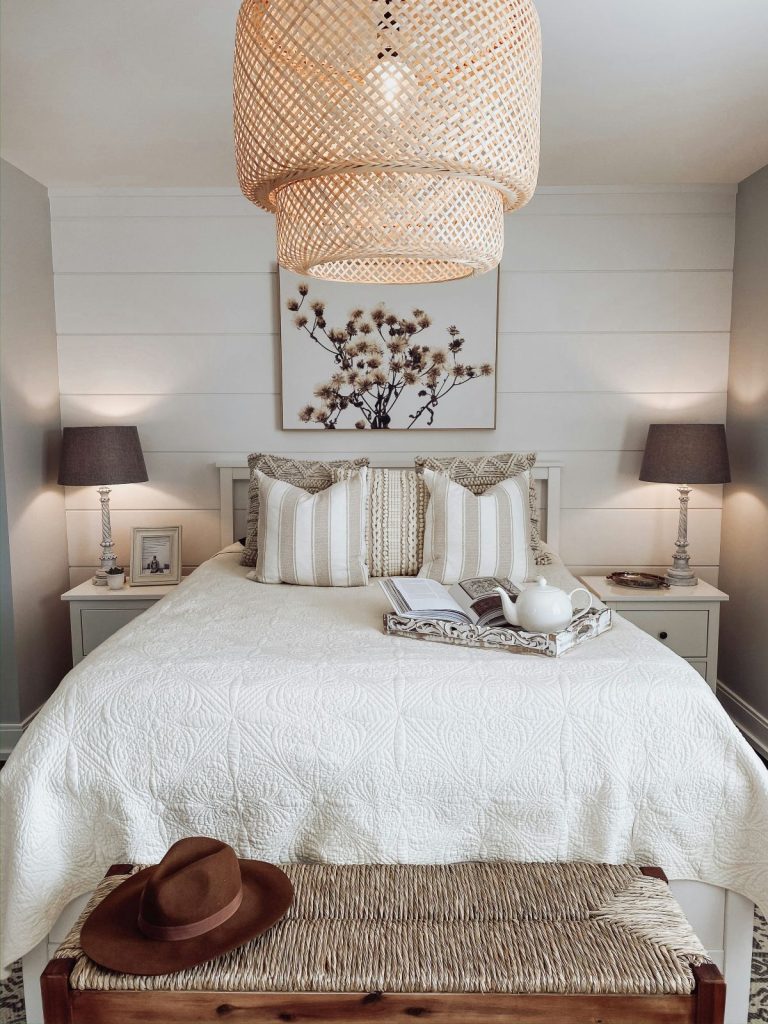 farmhouse-style vignette with warm wood and woven textures 