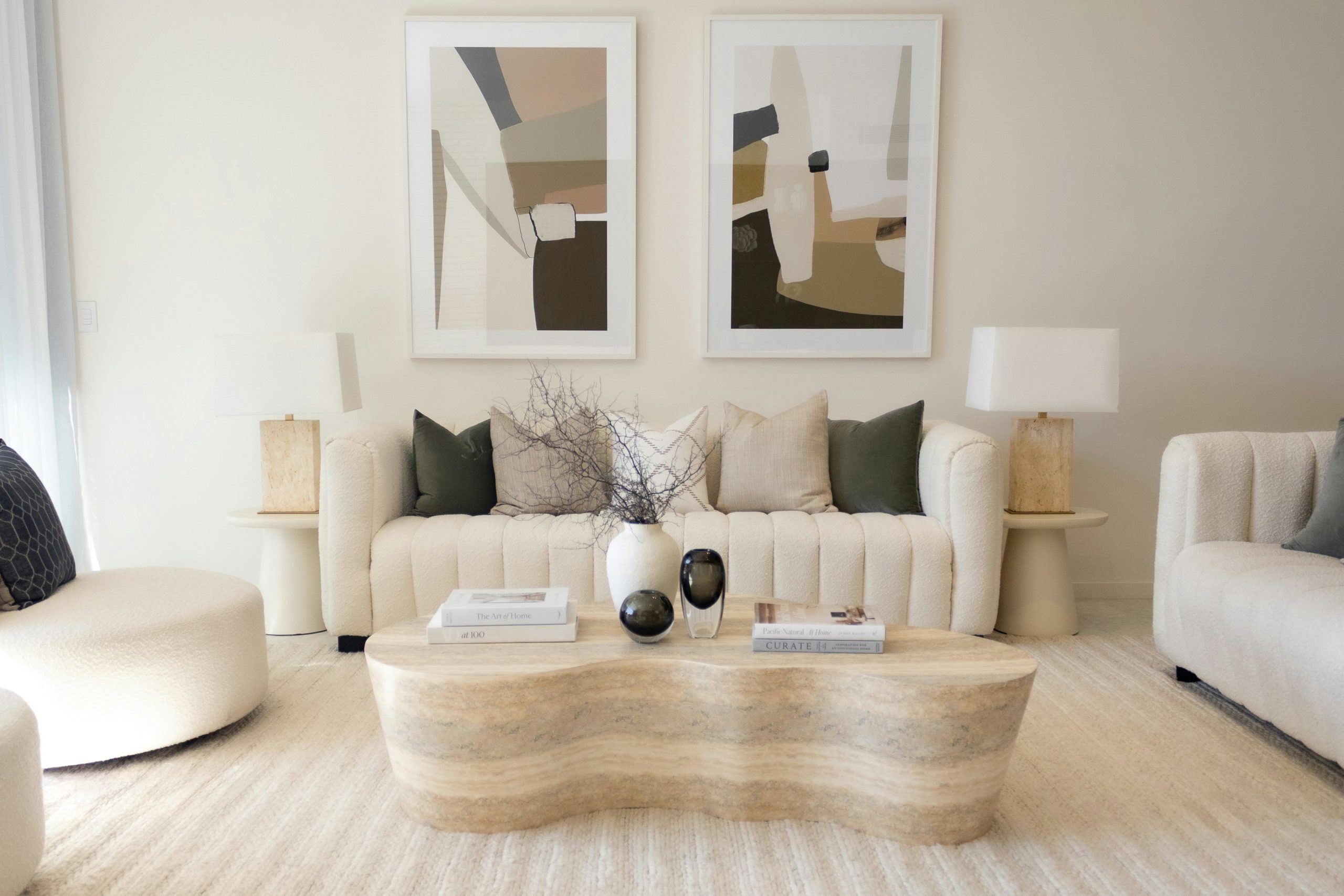 calm neutral living room with natural textures 