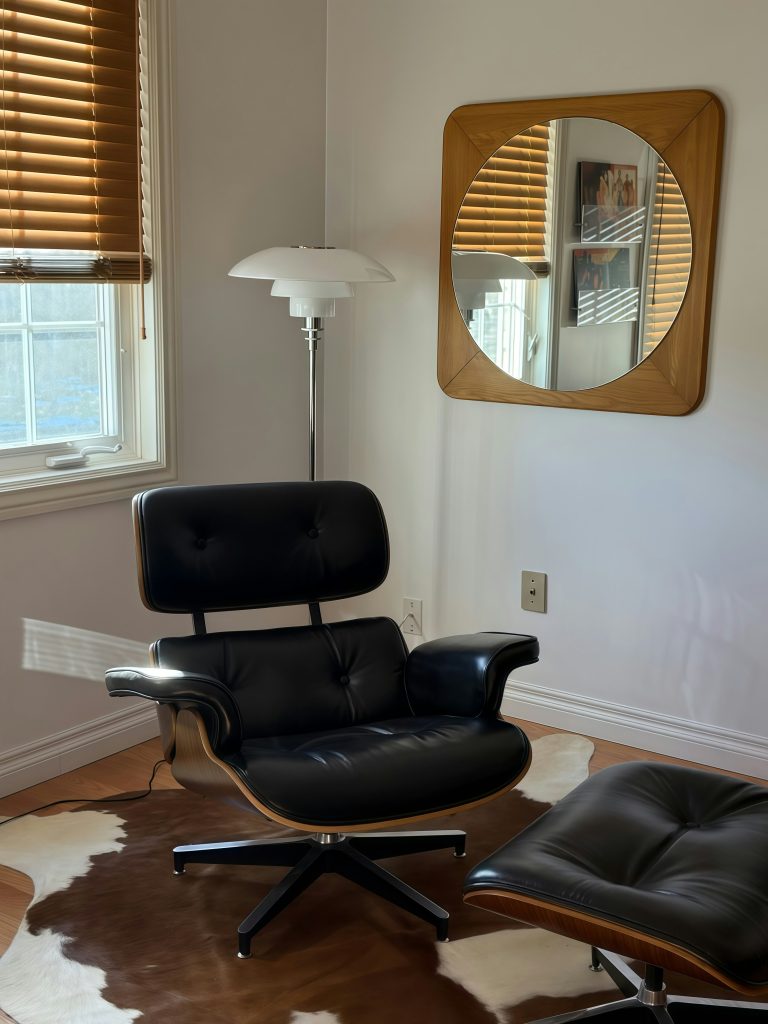 mid-century modern corner with walnut tones 